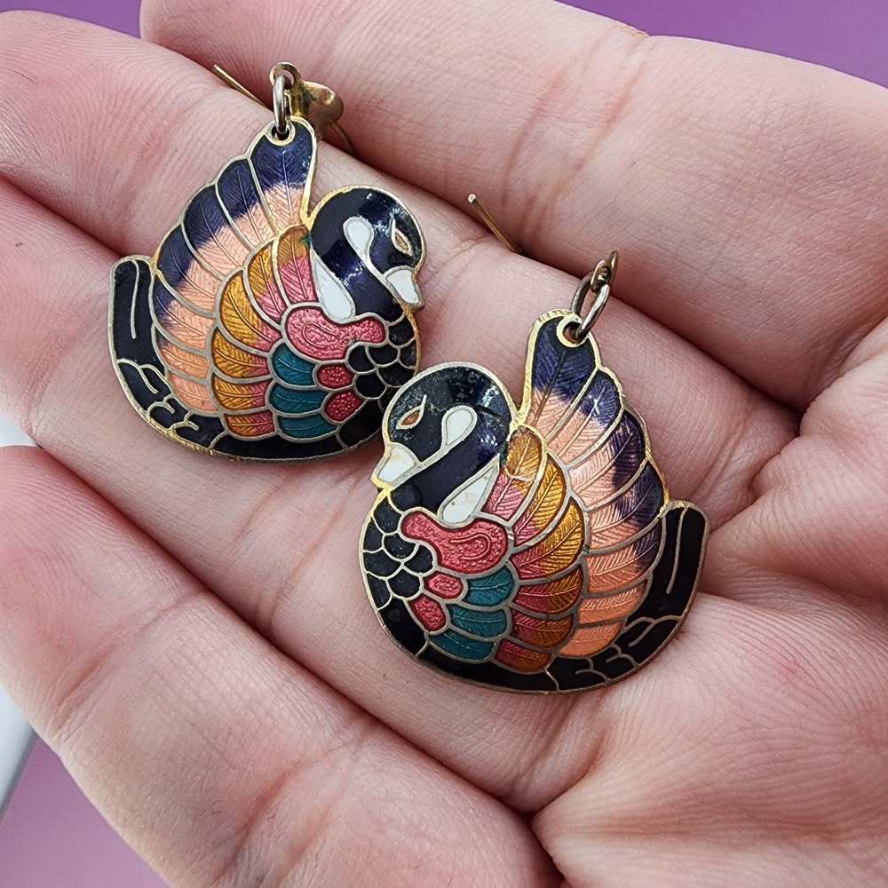 Vintage Cloisonne Turkey Bird Enamel Dangle Earrings Multicolor Gold Tone Boho